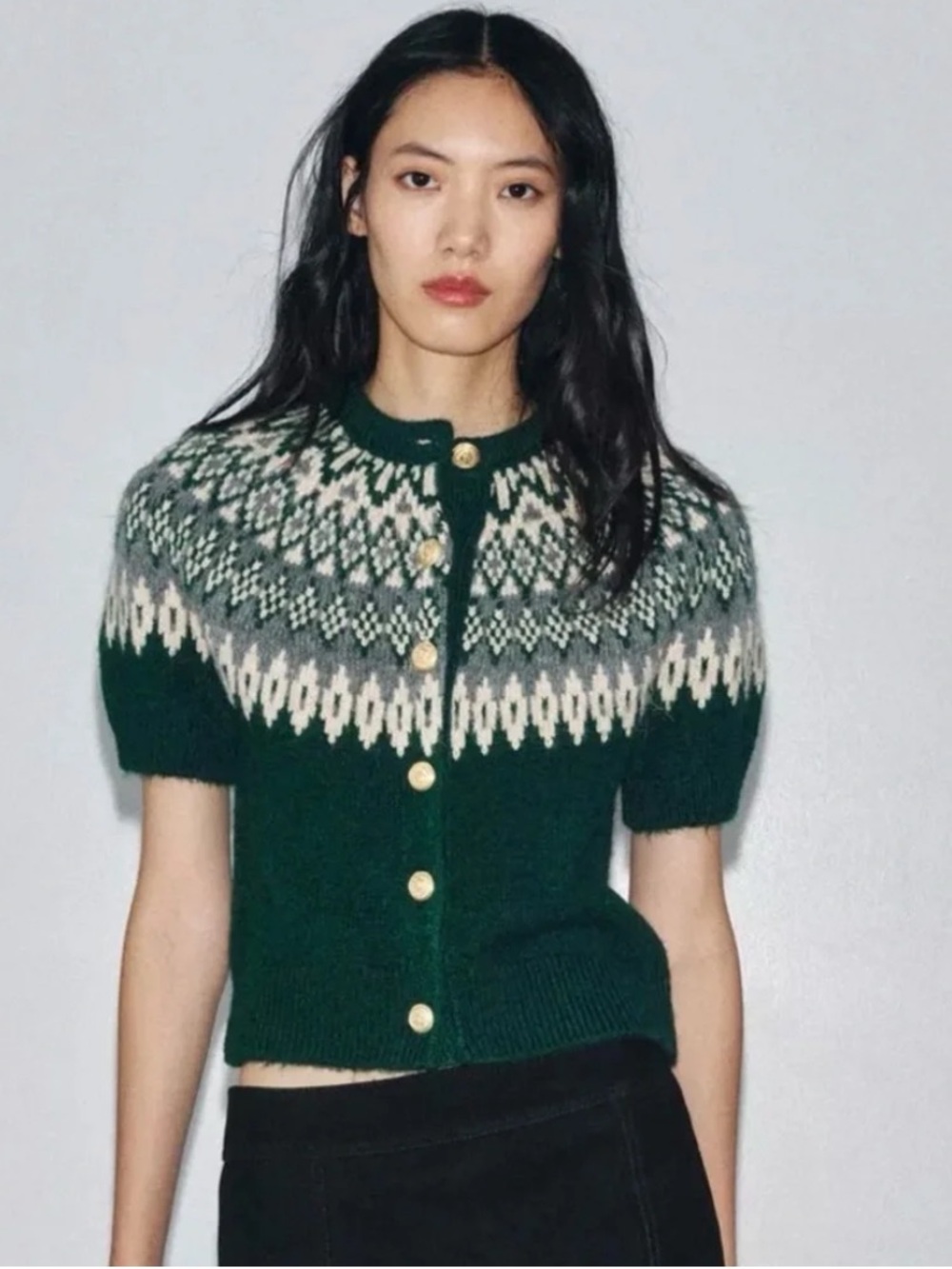 Zara NWT Jacquard Knit Short Sleeve Cardigan Green Fair Isle Gold Button S